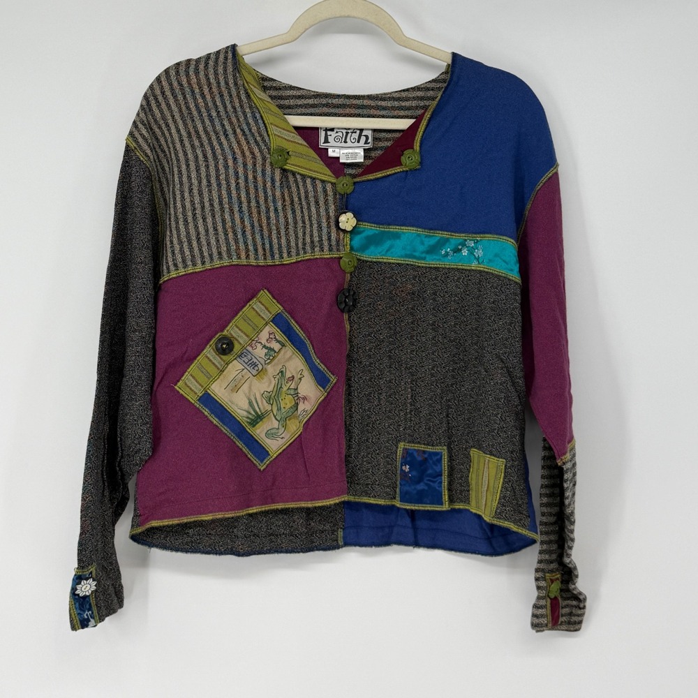 Faith Patchwork Art to Wear Cardigan Jacket Frog Rabbit Japanese Art Cropped M